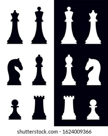 Chessboard. Silhouettes of chess pieces. King, Queen, rook, knight, Bishop, pawn. Black and white. Vector chess isolated on white background. Chess icons. Playing chess on the Board