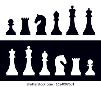 Chessboard. Silhouettes of chess pieces. King, Queen, rook, knight, Bishop, pawn. Black and white. Vector chess isolated on white background. Chess icons. Playing chess on the Board