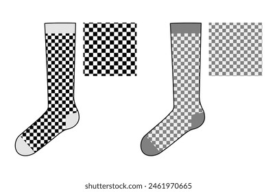 Calcetines de patinador de ajedrez engastados con muestras de patrón. Medias de longitud del tobillo ropa accesoria de moda ilustración técnica calcetín. Vista lateral de Vector para hombres, mujeres, estilo unisex, maqueta de Plantilla plana