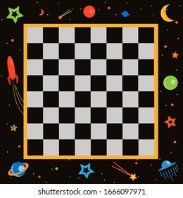 chessboard, space, star planets, rockets, vector.