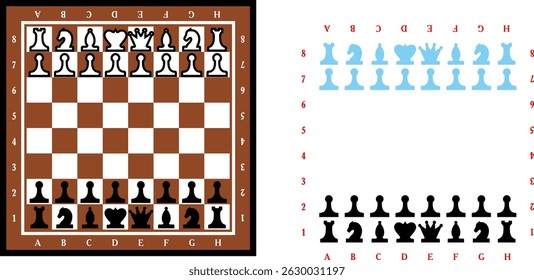 chessboard with stylized pieces king, queen, officer, bishop, knight, pawn, rook, vector drawing