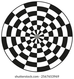 Chessboard target design. Black white circle. Abstract checkered pattern. Geometric dartboard symbol.