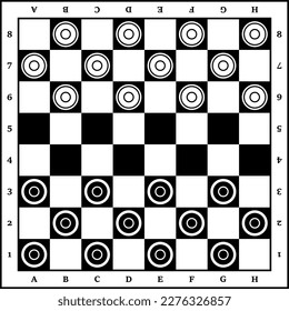 A chessboard in a vector isolated on a white background. The board is a top view. Black and white round chips. Checkers. Board game Checkers. Chessboard and checkers on it