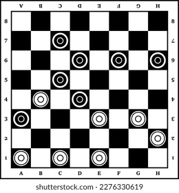 A chessboard in a vector isolated on a white background. The board is a top view. Black and white round chips. Checkers. Board game Checkers. Chessboard and checkers on it