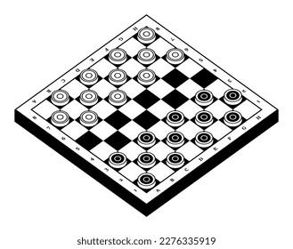 A chessboard in a vector isolated on a white background. The board is a top view. Black and white round chips. Checkers. Board game Checkers. Chessboard and checkers on it