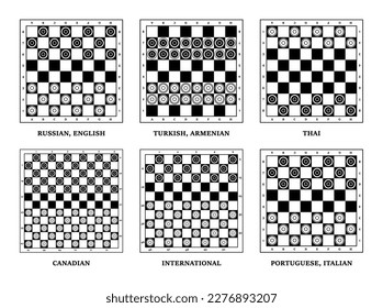 A chessboard in a vector isolated on a white background. Black and white chips. Board game. A chessboard and checkers on it. International Checkers, Russian Checkers, Canadian Checkers
