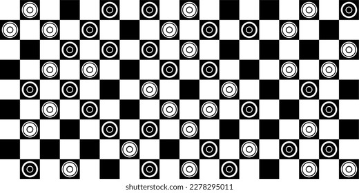 A chessboard in a vector isolated on a white background. Black and white round chips. Board game Checkers. A chessboard and checkers on it. Seamless checkers background