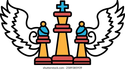 A chessboard with a winged cross on top and two pieces on the bottom. The chessboard is designed to look like a winged cross