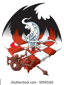 Chessboard: winners and losers, the White knight is defeating the Black knight, vector illustration