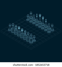 Chessboard wireframe with chess pieces made of blue lines on a dark background. Isometric view. 3D. Vector illustration