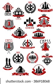 Chessboards and pieces  for chess game icons design with king and queen, rook and knight, pawn and clock elements, encircled by heraldic laurel wreaths and ribbon banners, stars and crowns