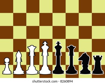 Chessmen, black and white contours. A vector illustration. On a chessboard background.