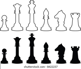 Chessmen, black and white contours. A vector illustration. It is isolated on a white background.