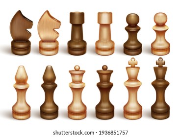 Chessmen. Chess is a board game and sport. King, queen, knight, rook, knight, bishop, pawn. 3D realistic illustration. Isolated on a white background. Vector.