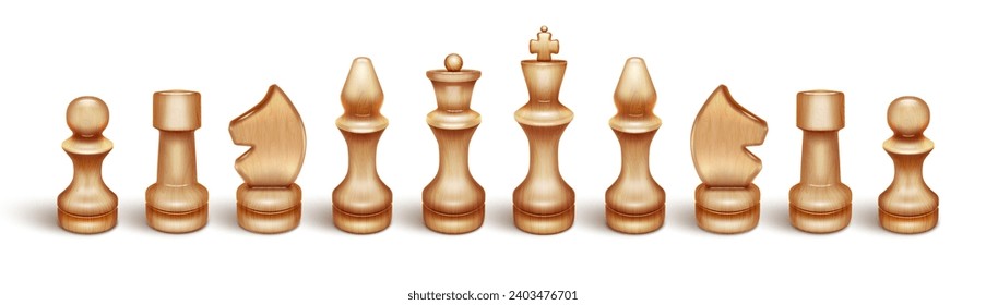 Chessmen. Chess is a board game and sport. King, queen, knight, rook, knight, bishop, pawn. 3D realistic illustration. Isolated on a white background. Vector.