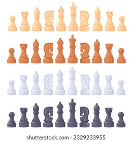 Chessmen. Chess pieces for intelligence game on chessboard, checkmate strategy attack chessman figure king queen pawn bishop castle knight rook horse set vector illustration of chess game intelligence