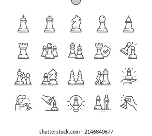 Chessmen. Chess pieces. King, queen, rook, knight, bishop, pawn. Playing chess. Pixel Perfect Vector Thin Line Icons. Simple Minimal Pictogram