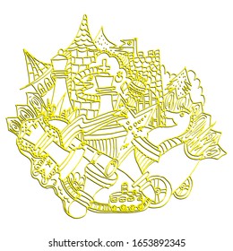 Chessmen. Freehand sketch. Bright outline on a white background. Cartoon city. Psychedelic pattern.