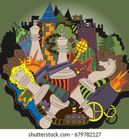 Chessmen. Freehand sketch. Brightly colored illustration. Medieval towers. Psychedelic pattern. Chess city.