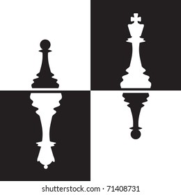 Chessmen - Pawns reflected as Queen and King. Black and white vector illustration. All objects are on separate layers and can be easily removed if needed.