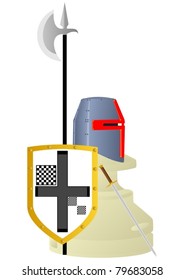Chessmen styled medieval knights. Illustration on a white background.