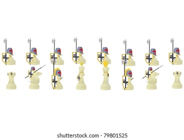 Chessmen styled medieval knights. Illustration on a white background