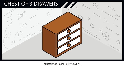 Chest of 3 drawers isometric design icon. Vector web illustration. 3d colorful concept