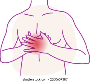 Dolores torácicos o infarto, personajes aislados que muestran localización de agonía. Disección de angina o aórtica, inflamación y problemas de salud. Dibujo minimalista con área de dolor, vector de estilo plano