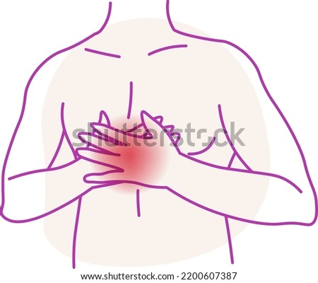 Chest aches or heart attack, isolated personage showing localization of agony. Angina or aortic dissection, inflammation and health issues. Minimalist drawing with area of pain, vector in flat style