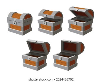 Chest animation. Cartoon empty treasure casket opening frames. Closed ancient chest with lock. Game wooden box with open cover vector icons. Chest animation old-fashioned, antique box for treasure