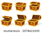 Chest animation. Empty treasure box, open and closed medieval ancient wooden chests, game old pirate treasures, lock boxes gold, isolated vector icon. Illustration of chest box open and empty