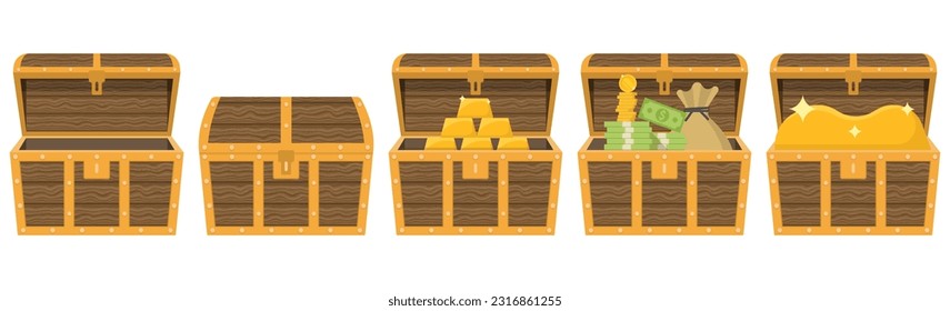 Chest animation. Empty treasure box, open and closed medieval ancient wooden cartoon chests.  Pile of money and a bag of coins. Wealth concept. Gold bars icon.
