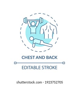 Chest and back concept icon. Physical training type idea thin line illustration. Training arms and shoulders together. Lifting heavy weights. Vector isolated outline RGB color drawing. Editable stroke