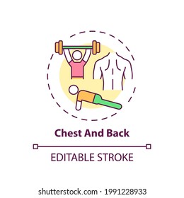 Icono de concepto de pecho y espalda. Ilustración de línea delgada de idea de tipo de entrenamiento físico. Crecimiento muscular y fortaleza. Levantando pesos pesados. Dibujo de color RGB con contorno aislado del vector. Trazo editable