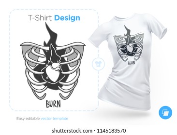 Chest bone with a living heart t-shirt design. Print for clothes, posters or souvenirs. Vector illustration