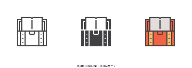 Chest with book icon. Knowledge, education line and glyph version, outline and filled vector sign. linear and full pictogram. Symbol, logo illustration. Different style icons set