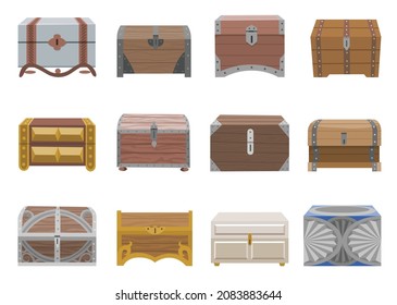 Chest box set of different styles. Various of ancient treasure box or pirate chests of closed wooden container. Vector cartoon icons coffer isolated on white background