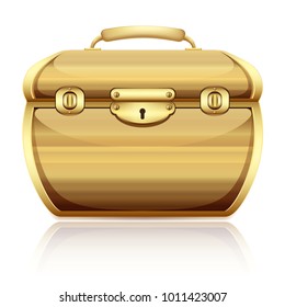 Chest closed of wood trunk with gold plated lock and leather handle