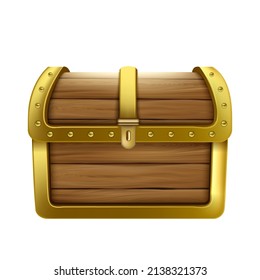 Chest Closed Wooden Container For Money Vector. Vintage Close Wood And Metallic Chest Box For Storage Pirate Hidden Treasures. Crate Safe For Savings Template Realistic 3d Illustration