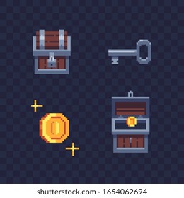Chest, coin and key pixel art icons set. Design for logo, stickers, web, 
and mobile app. Isolated vector illustration. 8-bit sprite.