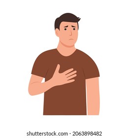 Chest Discomfort.A Man  Holds  Hand To His Chest. Pain In The Lungs, Heart. Vector Illustration