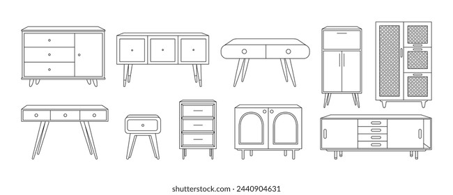 Cajonera, mesitas de noche, conjunto de iconos de contorno. Ilustración lineal de soporte de TV, vestidor y otros muebles de almacenamiento para el interior de diseño. Ilustración de vector de arte de línea aislado sobre fondo blanco.