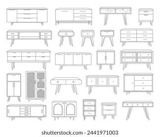 Chest of drawers, bedside tables outline icon set. Linear illustration of TV stand, dresser, and other storage furniture for design interior. Line art vector illustration isolated on white background.