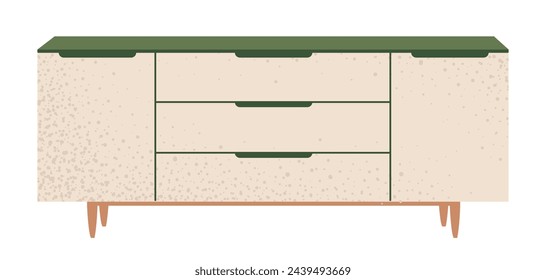 Kommode. Beige hölzerne moderne Kommode oder TV-Ständer für Wohnkultur. Trendige Aufbewahrungsmöbel im skandinavischen Stil für Wohnzimmer. Flache Vektor-Illustration isoliert auf weißem Hintergrund.