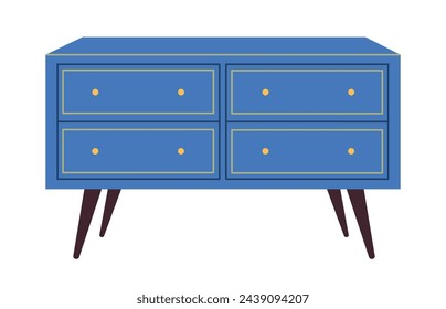 Chest of drawers. Blue wooden modern commode or dresser for home interior. Trendy storage furniture in scandinavian style for living room. Flat vector illustration isolated on a white background.