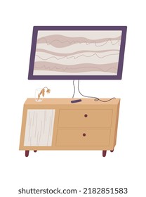 Chest of drawers with broken TV and dried flower. Vector illustrations isolated on white background