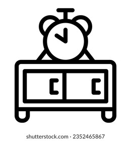 Die Kommode und das Uhrzeigersymbol, Möbelkonzept, Die Uhr auf dem Holztisch auf weißem Hintergrund, Nachttisch mit Uhrsymbol im Stil für und im Web. Vektorgrafiken.