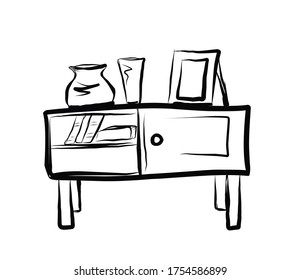 Chest of drawers. Curbstone. Shelf. A little table.Vector picture drawn by hand from a set about home life and comfort. There are many household items and furniture. Doodle style. Isolated drawings.