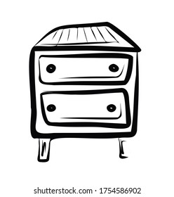 Chest of drawers. Curbstone. Shelf. A little table.Vector picture drawn by hand from a set about home life and comfort. There are many household items and furniture. Doodle style. Isolated drawings.
