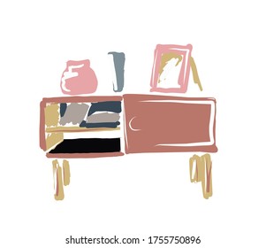 Chest of drawers. Curbstone. Shelf. A little table.Vector picture drawn by hand from a set about home life and comfort. There are many household items and furniture. Doodle style. Isolated drawings.